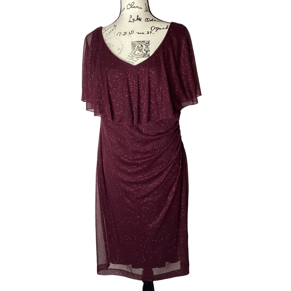 NEW Connected Glittery Metallic Formal Dress Sheer Flutter Sleeves Ruching Retro